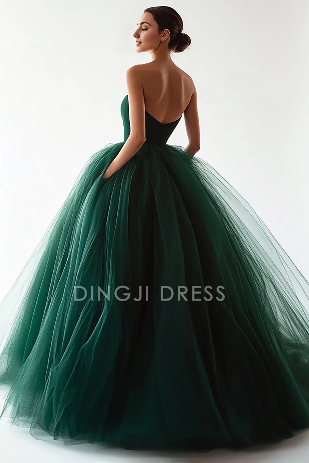 DingJiDress High Quality Dress Romantic Tulle Pleated Strapless Backless Elegant Long Prom Dress