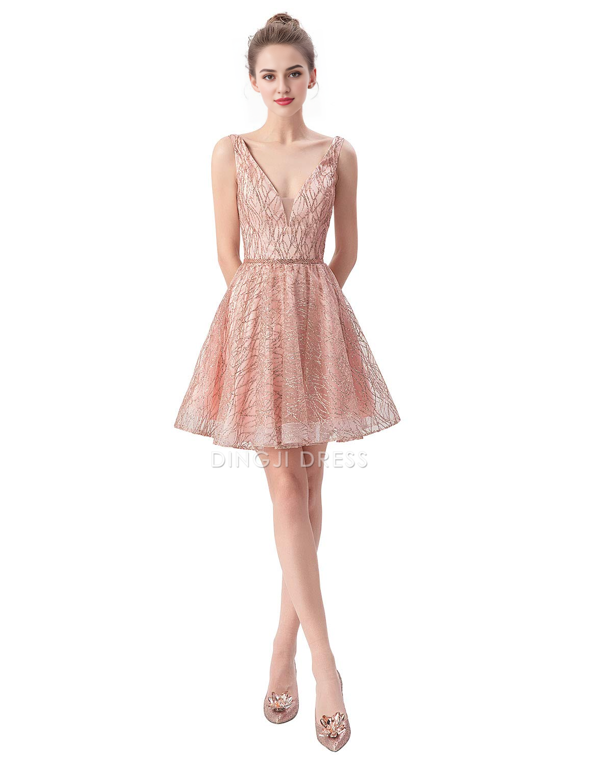 DingJiDress Short Prom Dress Charming A Line V Neck Sleeveless Unique Shiny Best Selling Homecoming Dress