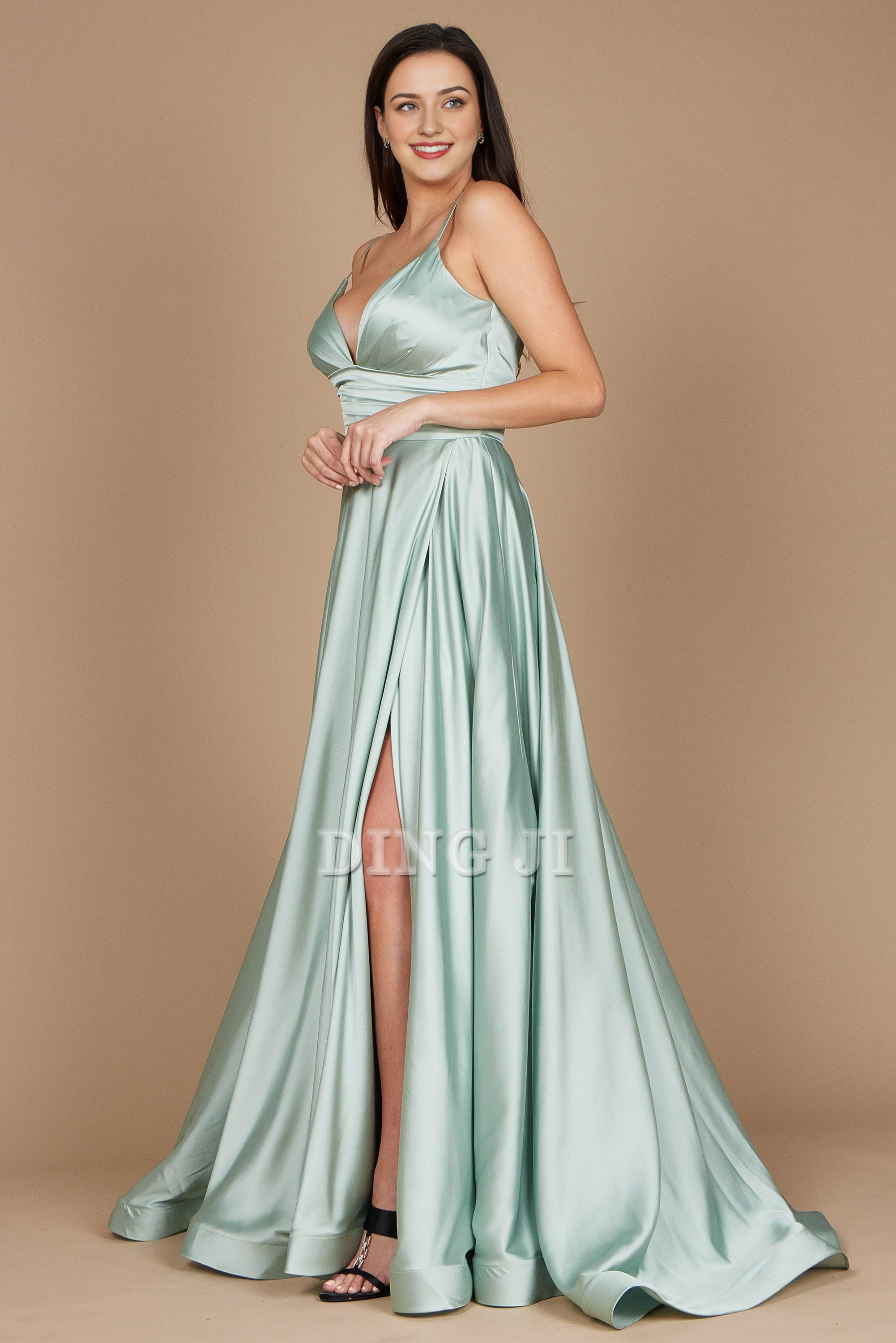 DingJiDress Bridesmaid Dresses High Quality Spaghetti Strap Deep V Neck Pleated Side Fork Exquisite Simple Dresses Wedding Guests Dresses