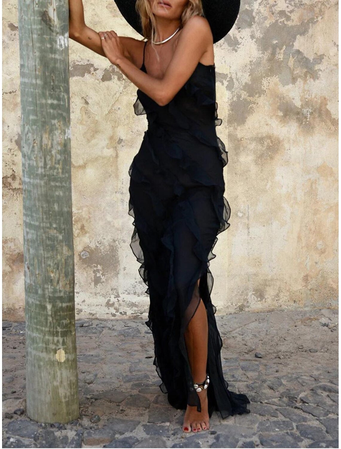 Women's Black Dress Prom Dress Party Dress Ruffle Split Spaghetti Strap Sleeveless Wedding Guest Vacation Black Red Summer Spring