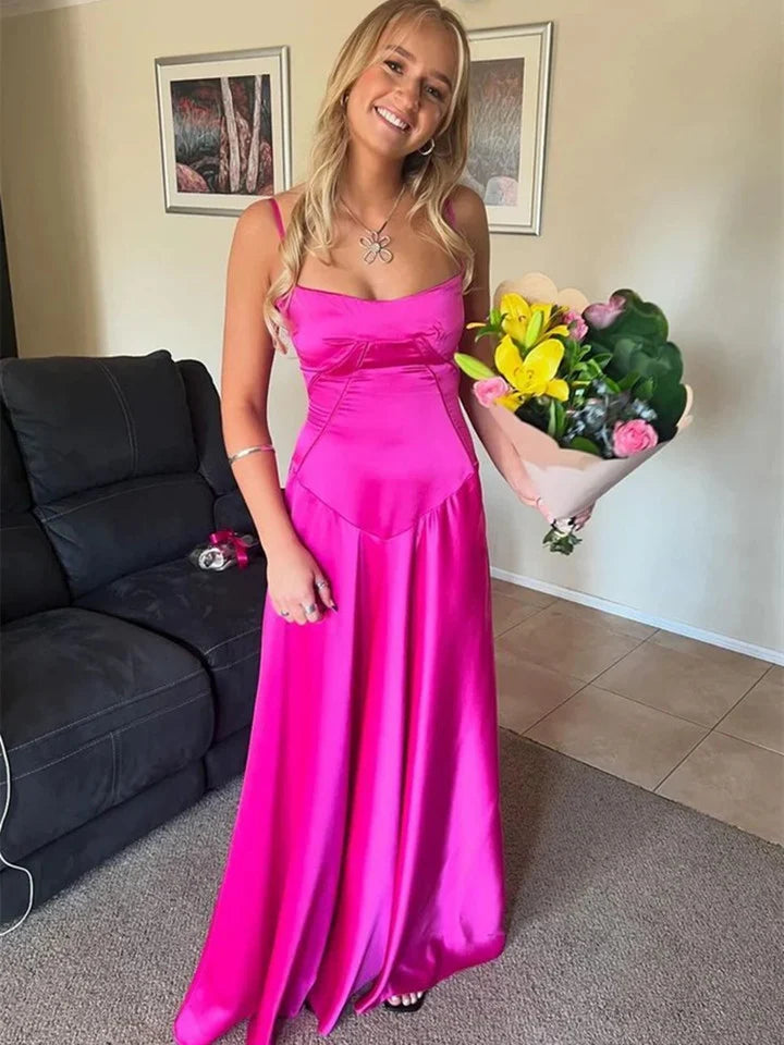 Hot Pink Satin Straps A-line Simple Party Dress Hot Pink Prom Dress