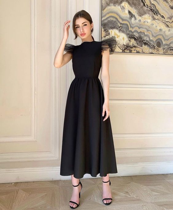 Black satin retro waist cinched evening dress, ball evening dress