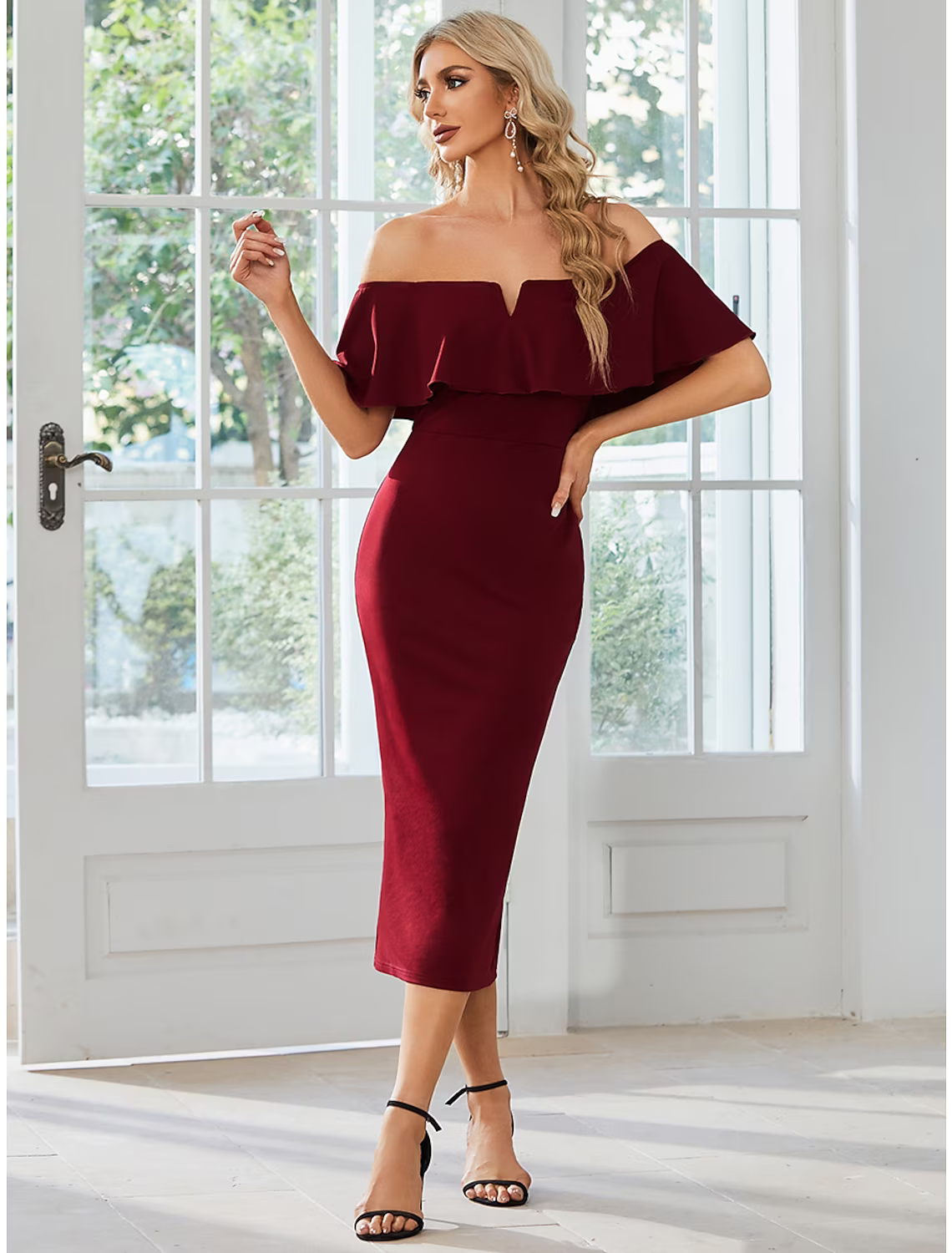 Wedding Guest Dresses Dress Party Wear Tea Length Short Sleeve Off Shoulder Stretch Fabric with Slit