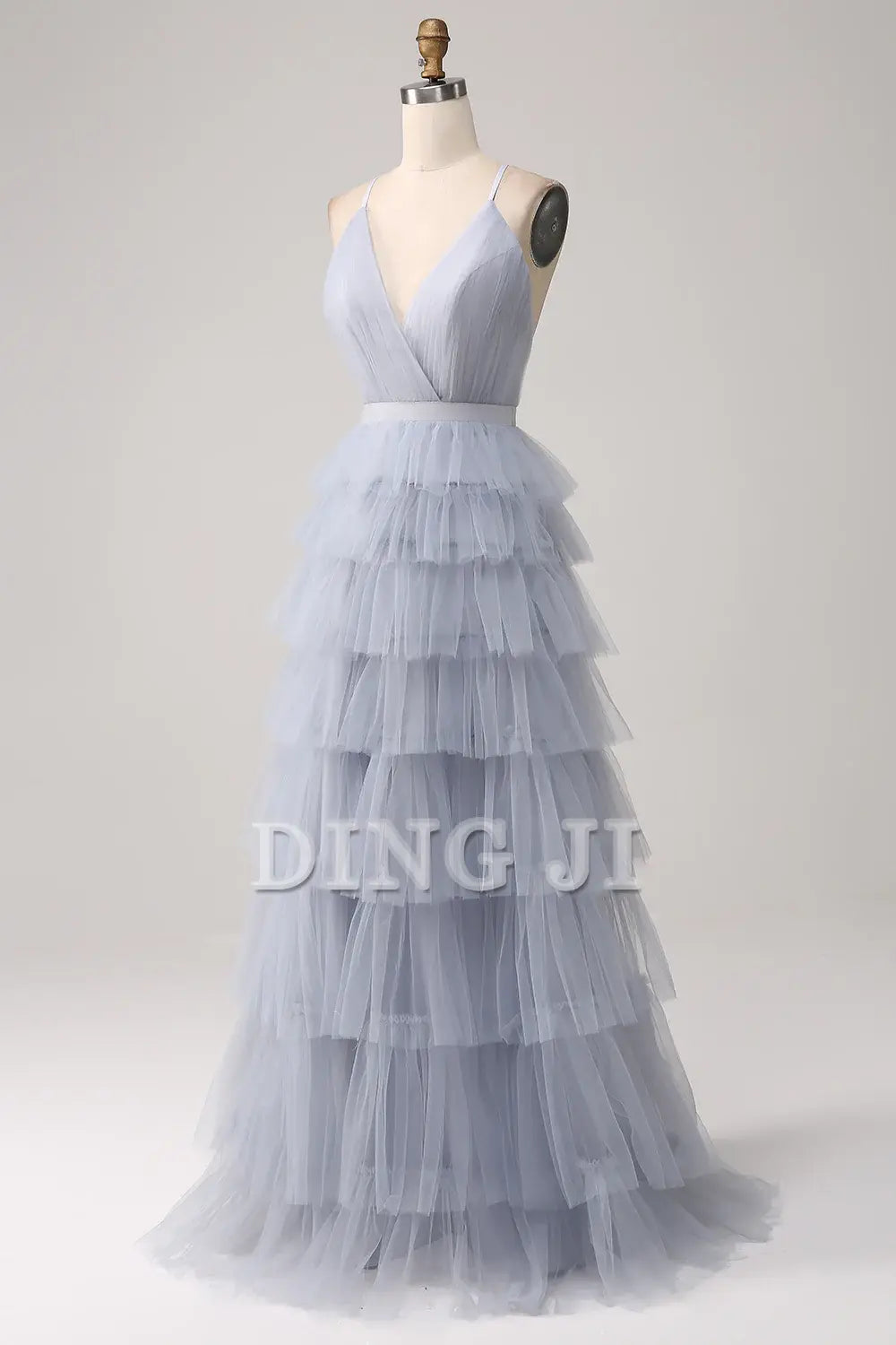 DingJiDress Prom Dress A-Line V Neck Spaghetti Straps Tiered Backless Floor Length Tulle Formal Women's Dresses Wedding Guests Dresses