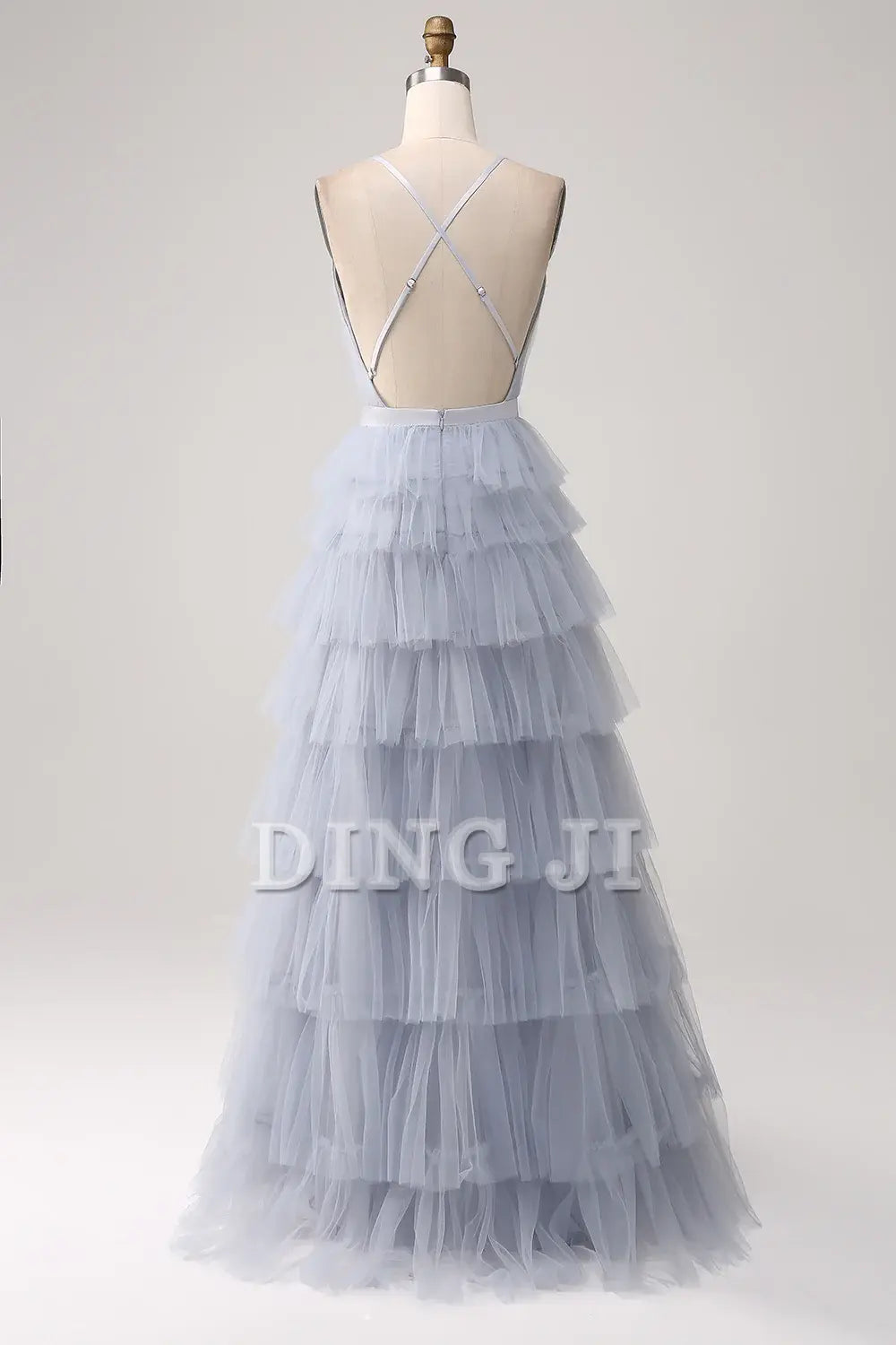 DingJiDress Prom Dress A-Line V Neck Spaghetti Straps Tiered Backless Floor Length Tulle Formal Women's Dresses Wedding Guests Dresses