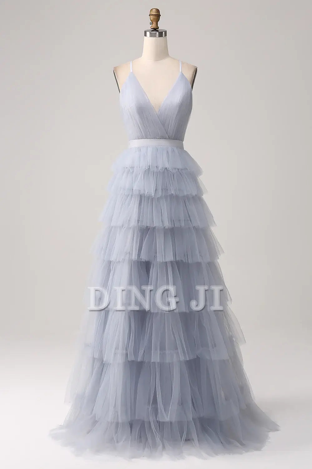 DingJiDress Prom Dress A-Line V Neck Spaghetti Straps Tiered Backless Floor Length Tulle Formal Women's Dresses Wedding Guests Dresses
