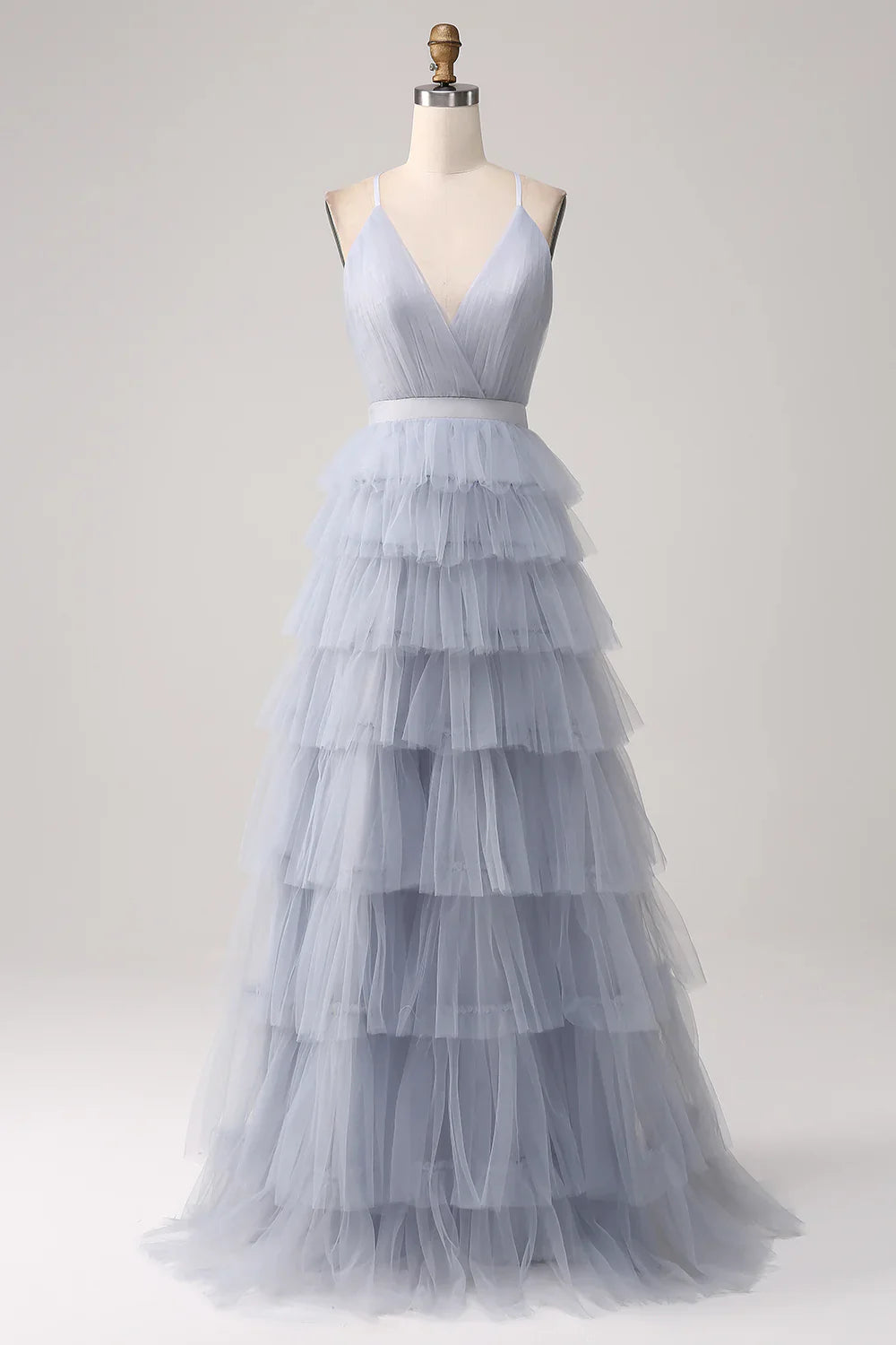 DingJiDress Prom Dress A-Line V Neck Spaghetti Straps Tiered Backless Floor Length Tulle Formal Women's Dresses Wedding Guests Dresses