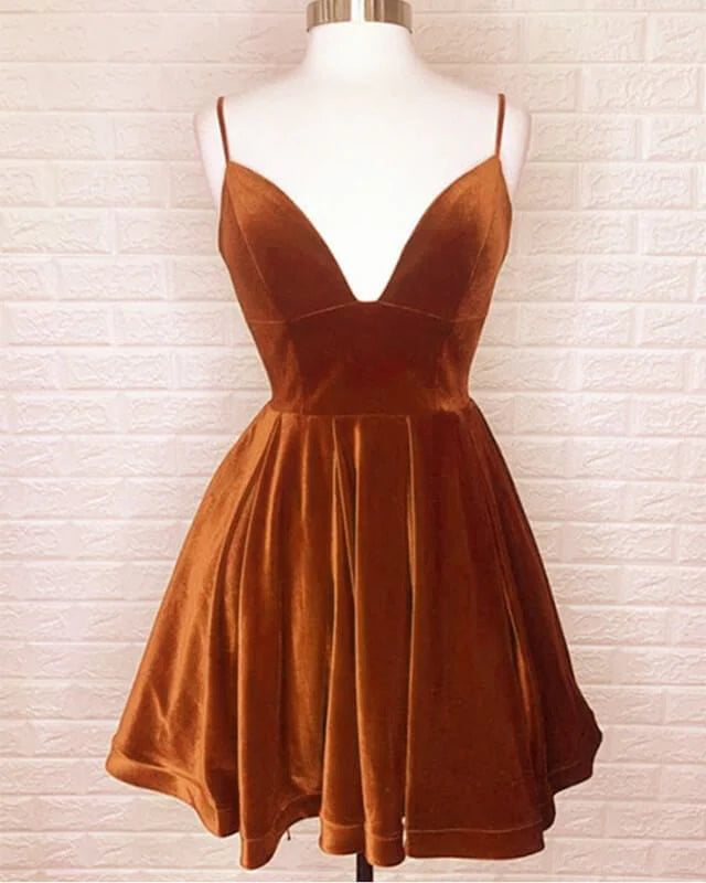 Burnt Orange Velvet Homecoming Dress