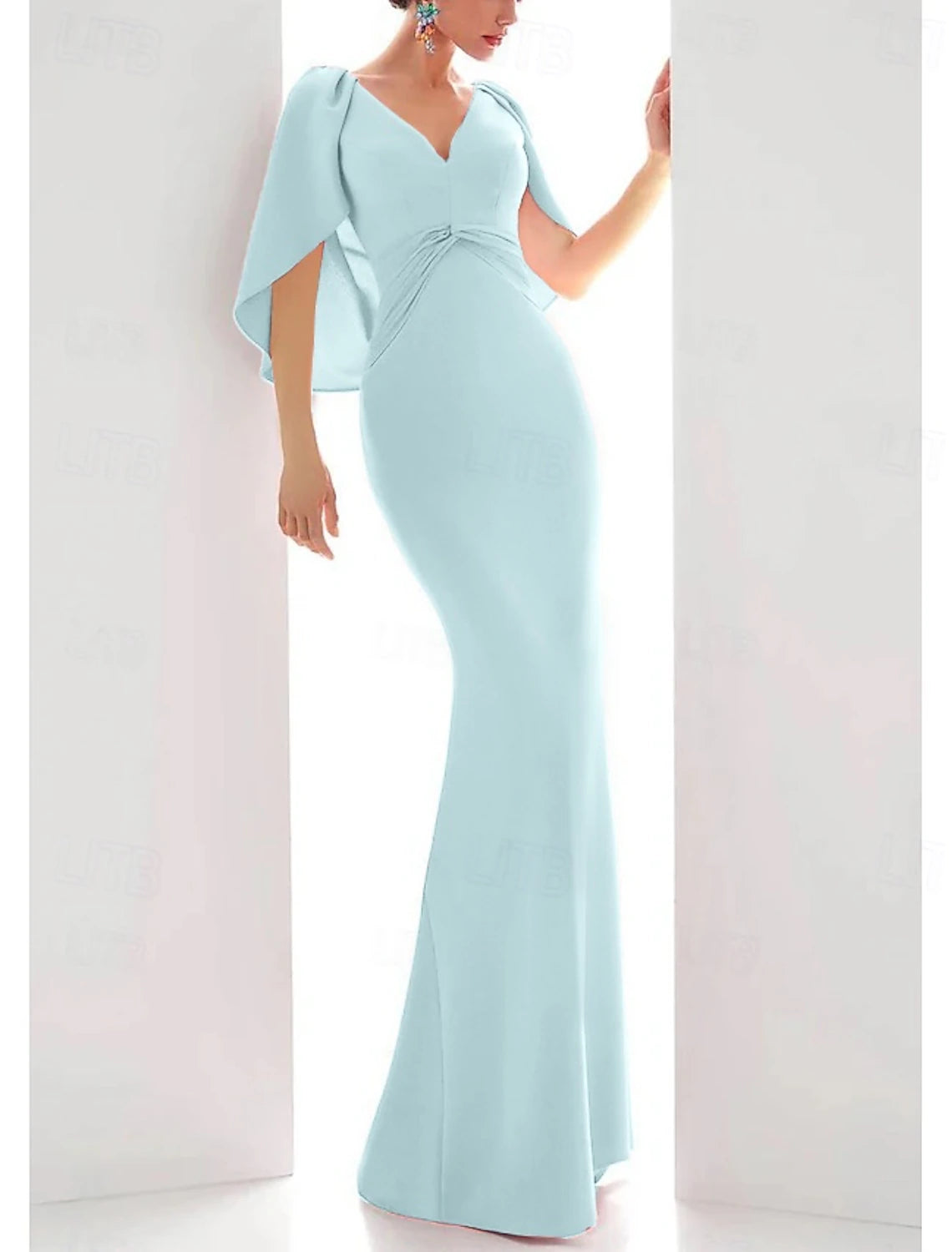 heath Evening Gown Elegant Dress Formal Fall Floor Length Short Sleeve V Neck Stretch Chiffon with Ruched Ruffles
