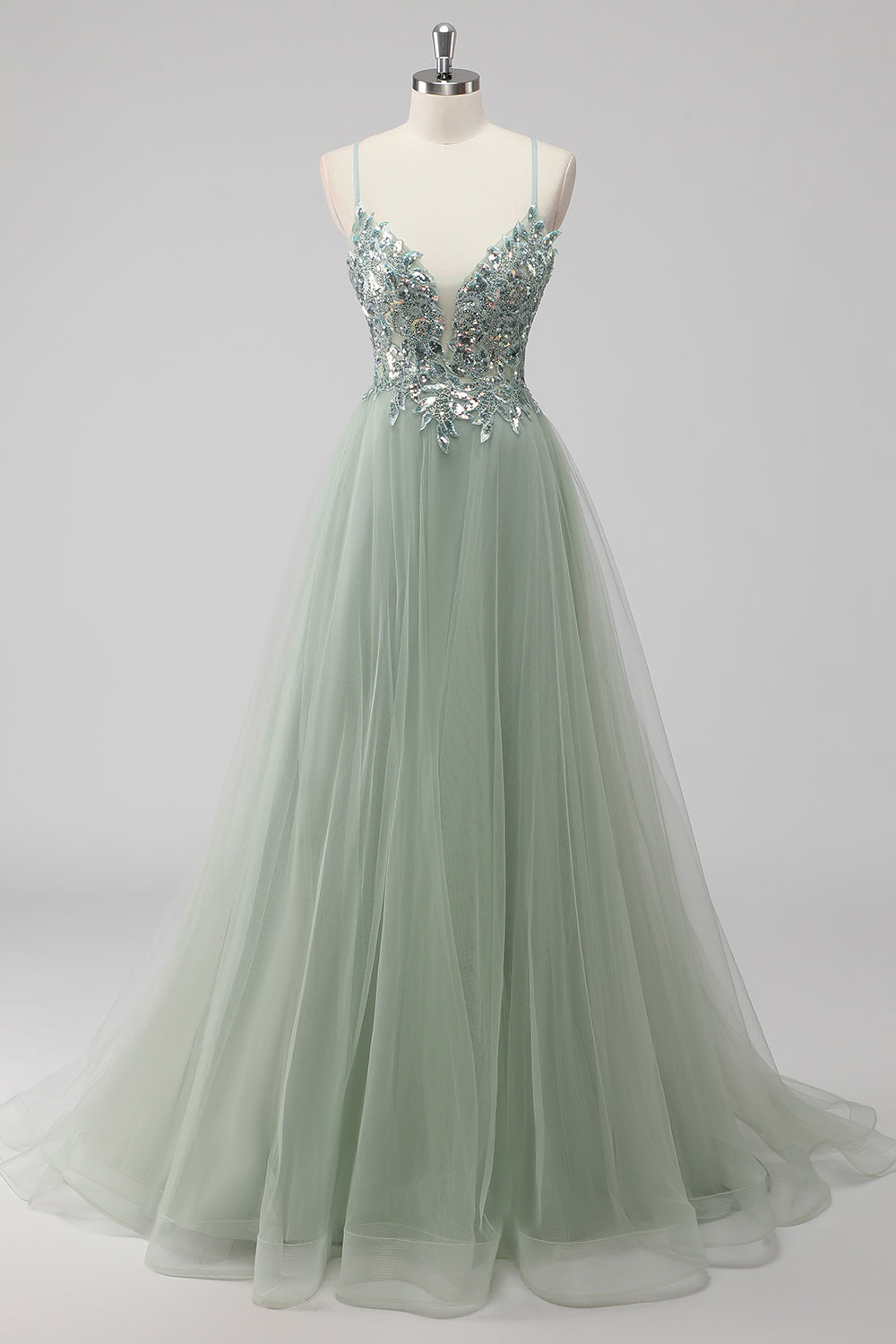 Green Sequin A Line Tulle Long Prom Dress with Lace up Back