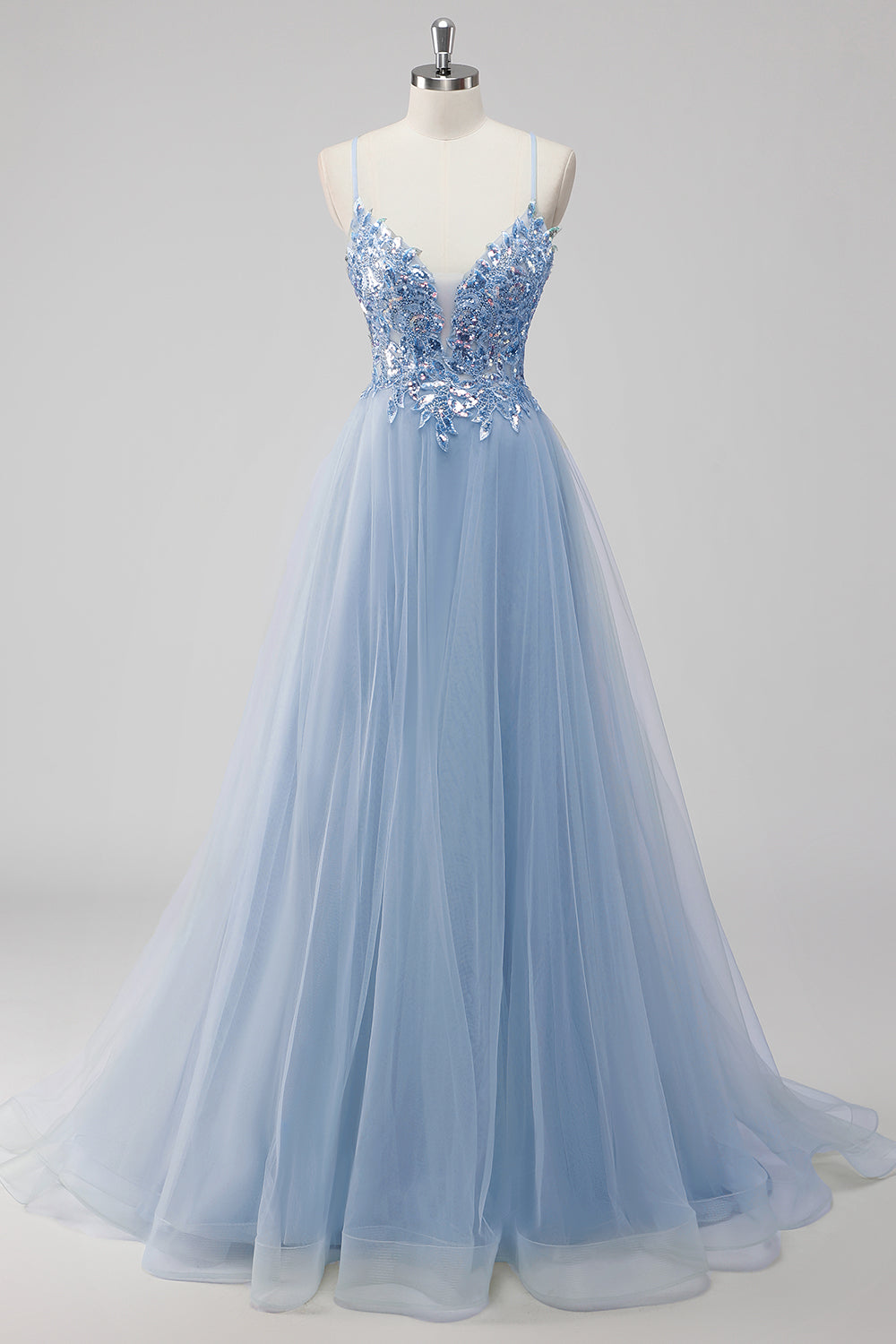 Green Sequin A Line Tulle Long Prom Dress with Lace up Back