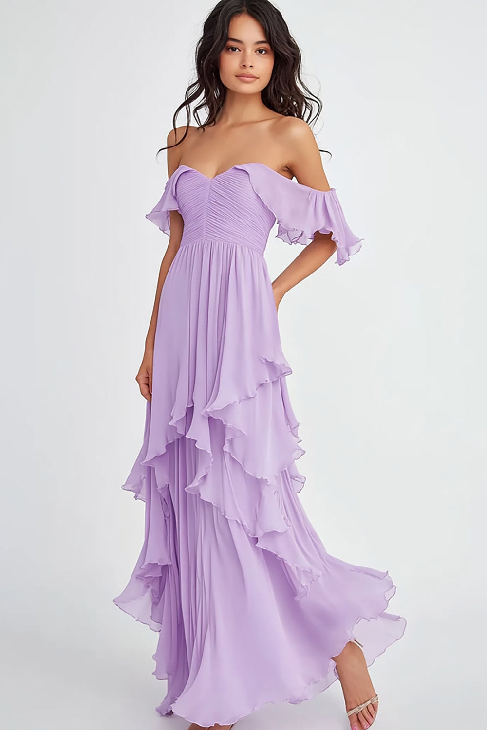 Lilac Off the Shoulder Chiffon Long Formal Dress with Ruffles
