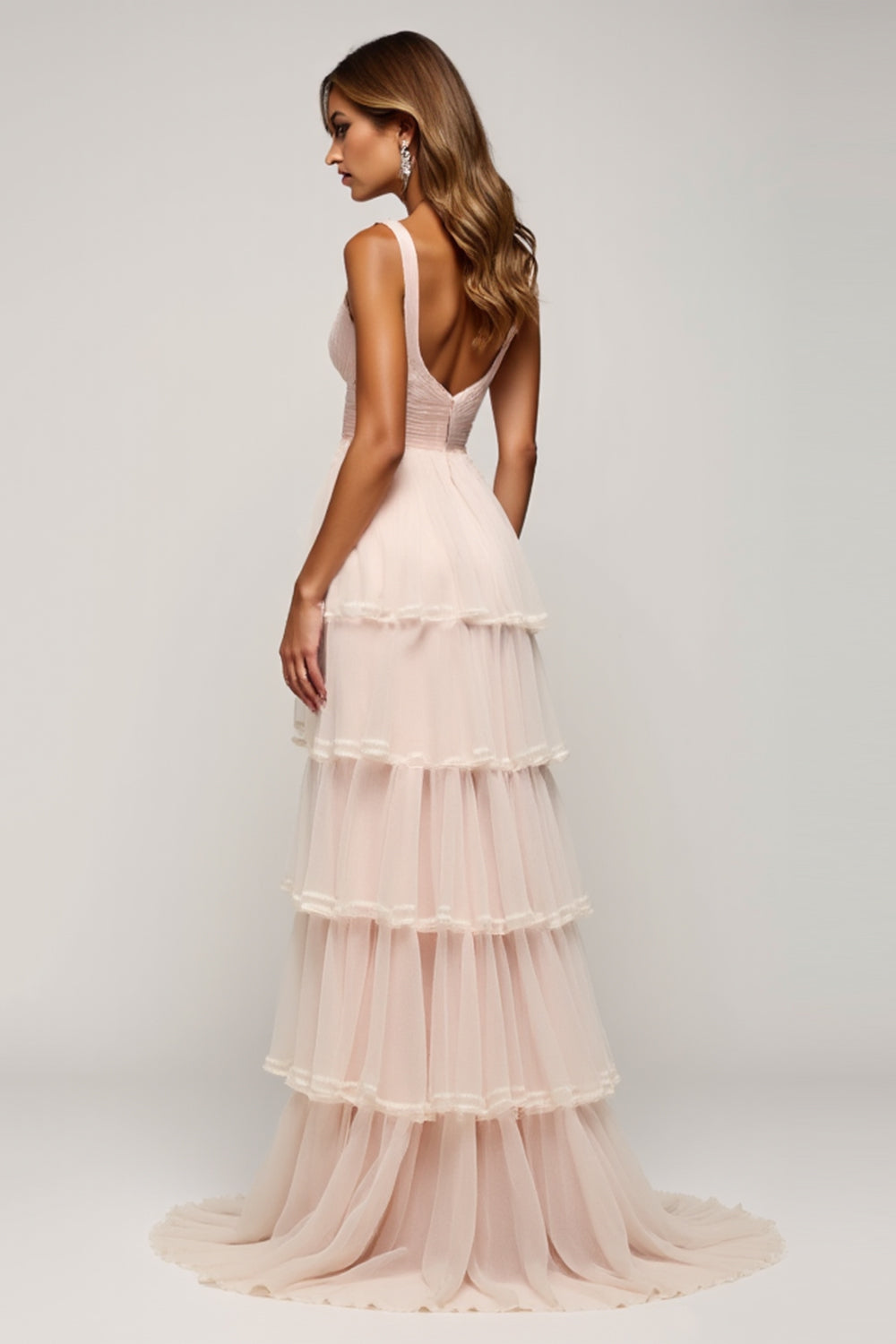 Candy Pink Tiered V-Neck Long Prom Dress with Slit