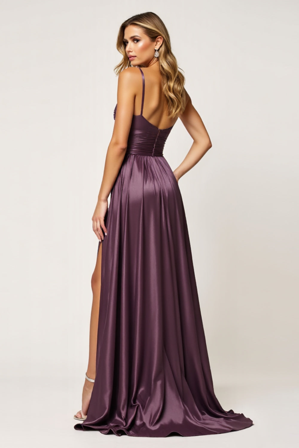 Sparkly Purple A Line Spaghetti Straps Long Prom Dress with Slit