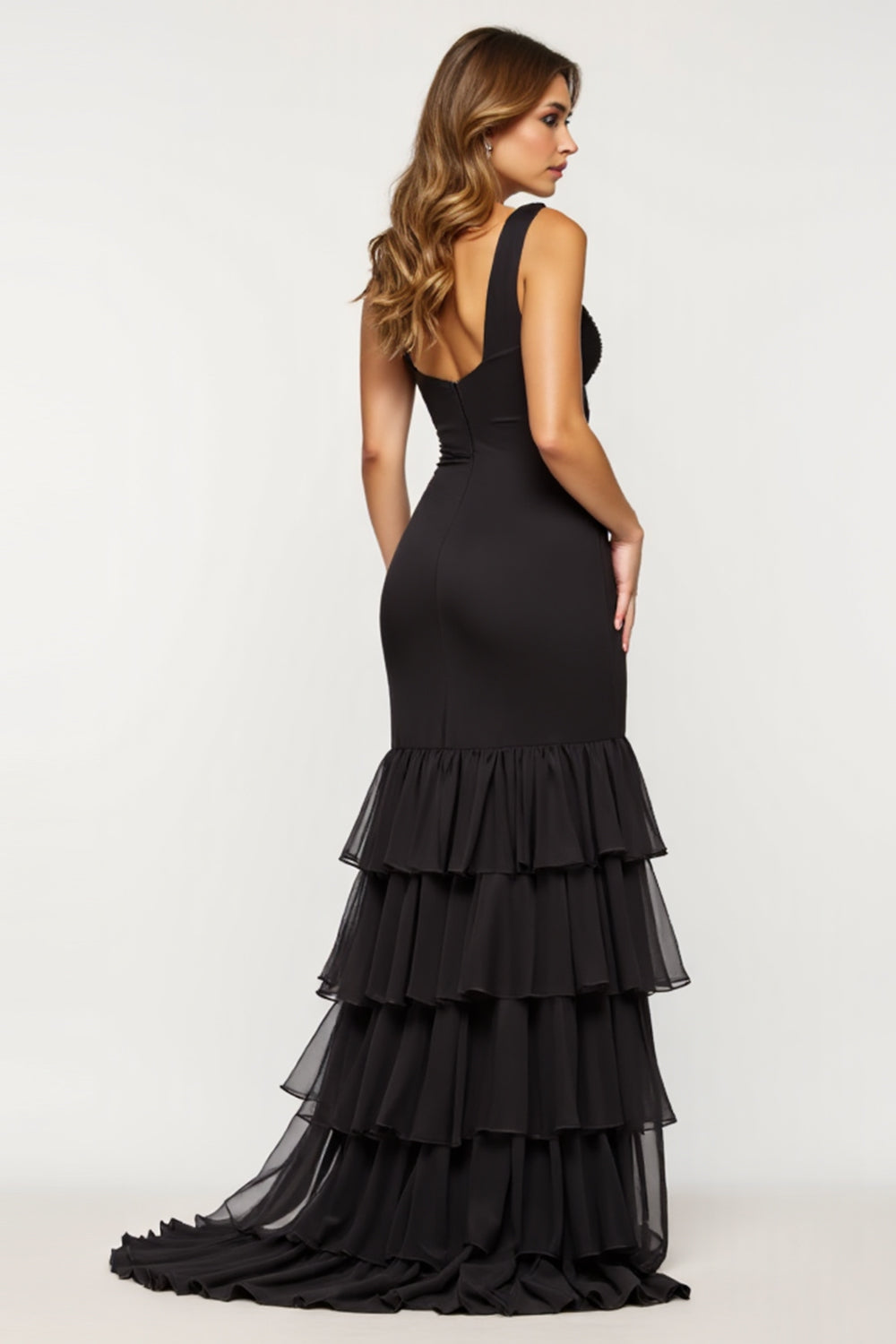 Black Sheath Tulle Tiered Sweetheart Long Prom Dress