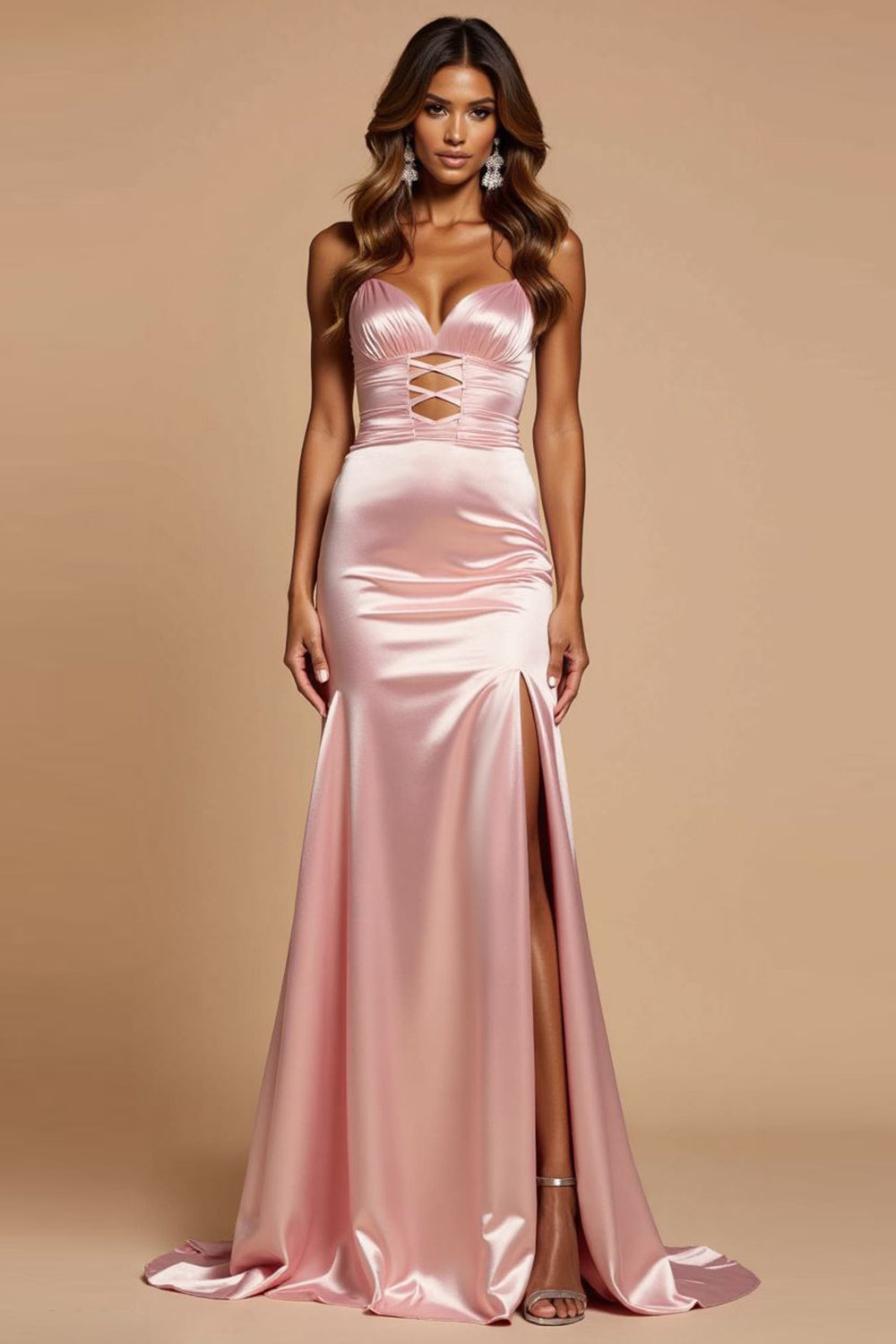 Blush Pink Mermaid Sheath V-Neck Long Prom Dress with Slit