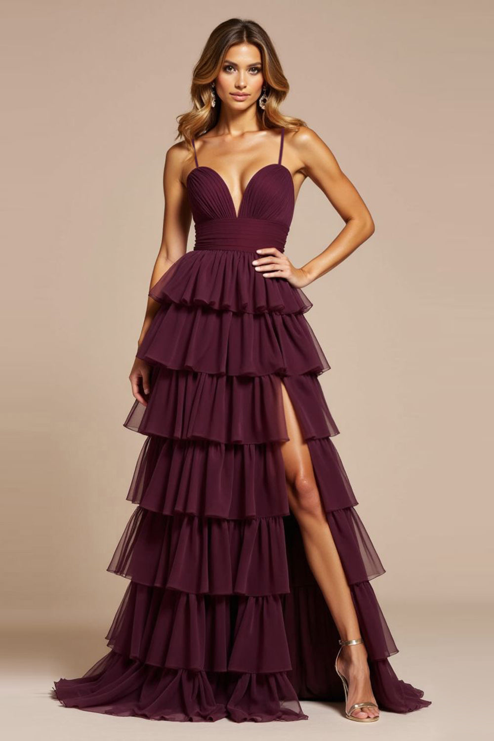 Purple Tiered V-Neck Long Tulle Prom Dress with Slit