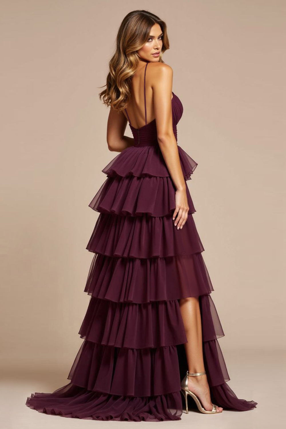 Purple Tiered V-Neck Long Tulle Prom Dress with Slit