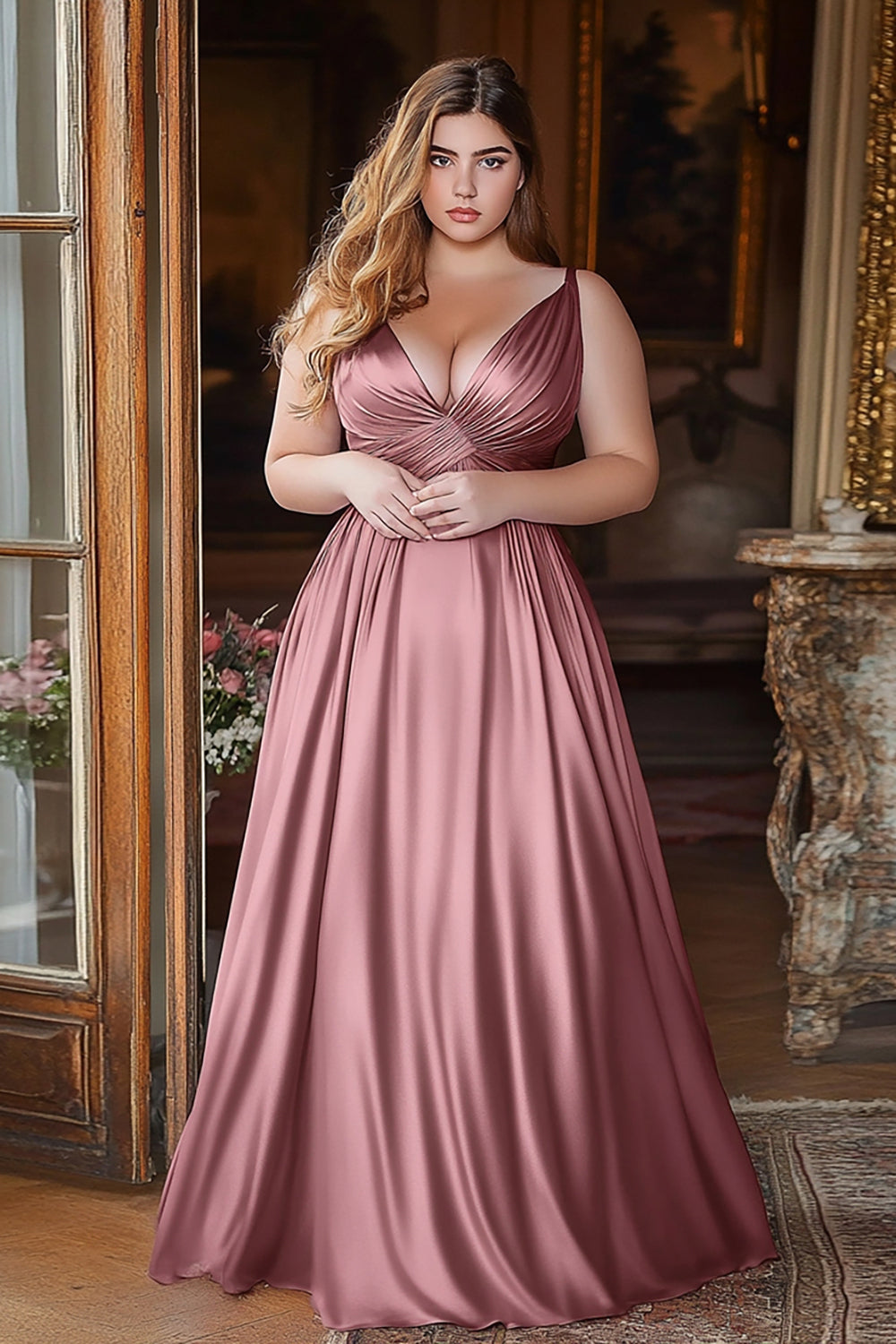 A Line Dusty Rose V-Neck Ruched Satin Long Prom Dress