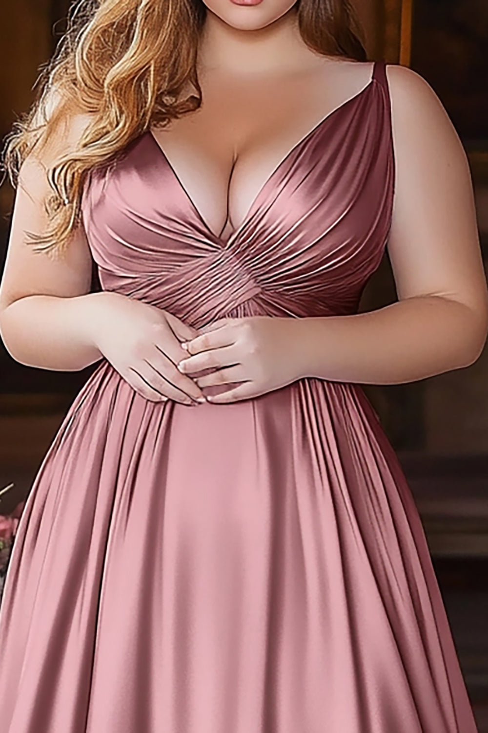 A Line Dusty Rose V-Neck Ruched Satin Long Prom Dress