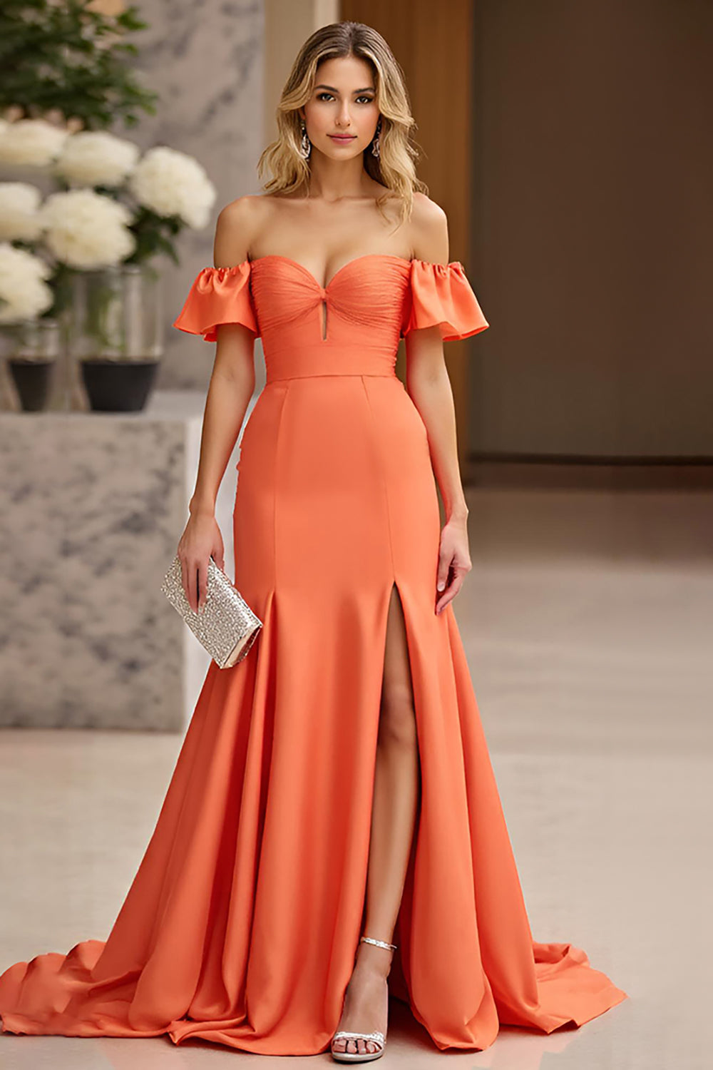 Sheath Satin Orange Off the Shoulder Prom Dress with Slit