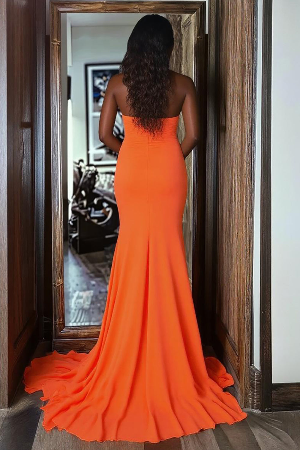 Sweetheart Orange Mermaid Satin Long Prom Dress with Slit