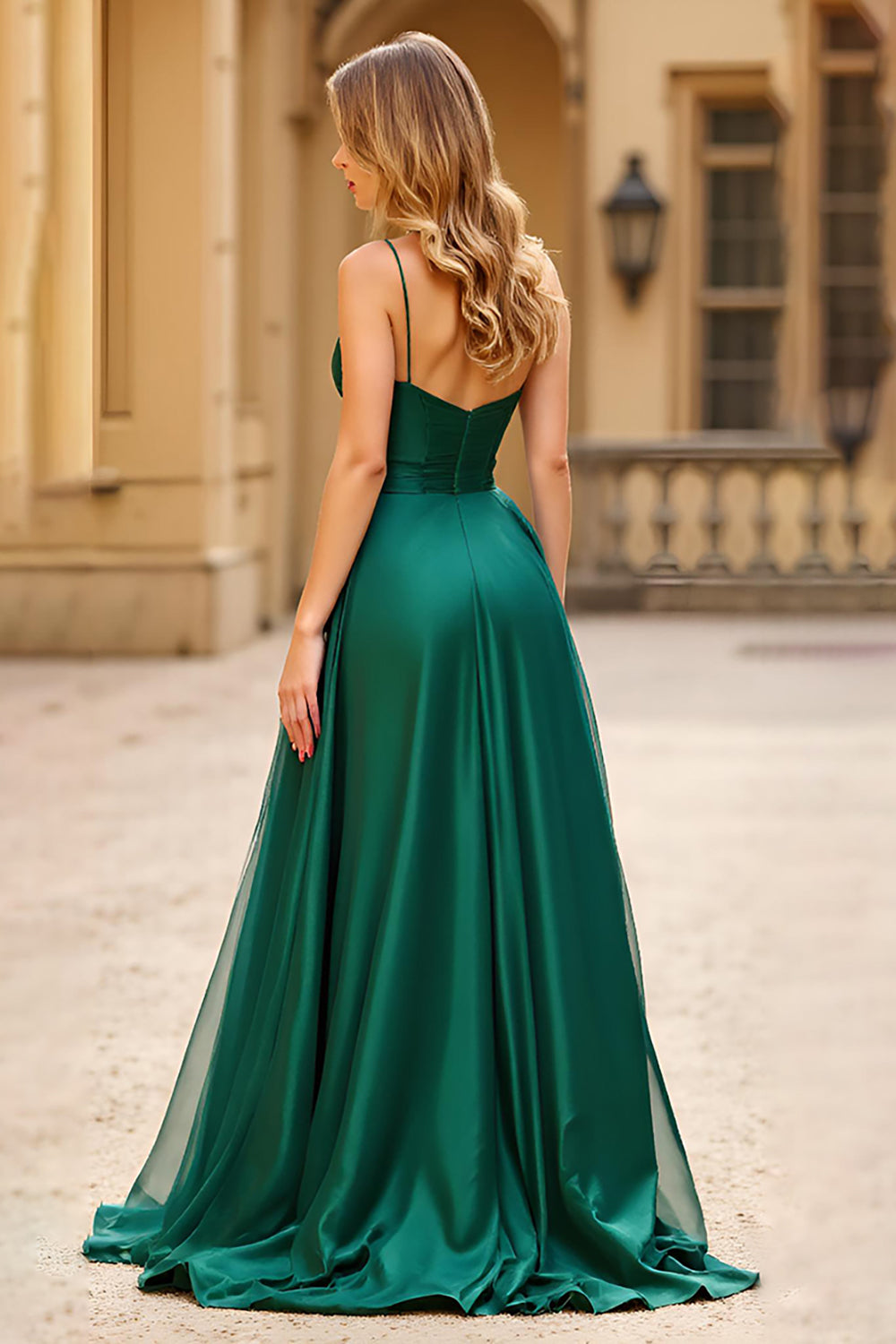 Dark Green A Line Spaghetti Straps Long Satin Prom Dress with Slit