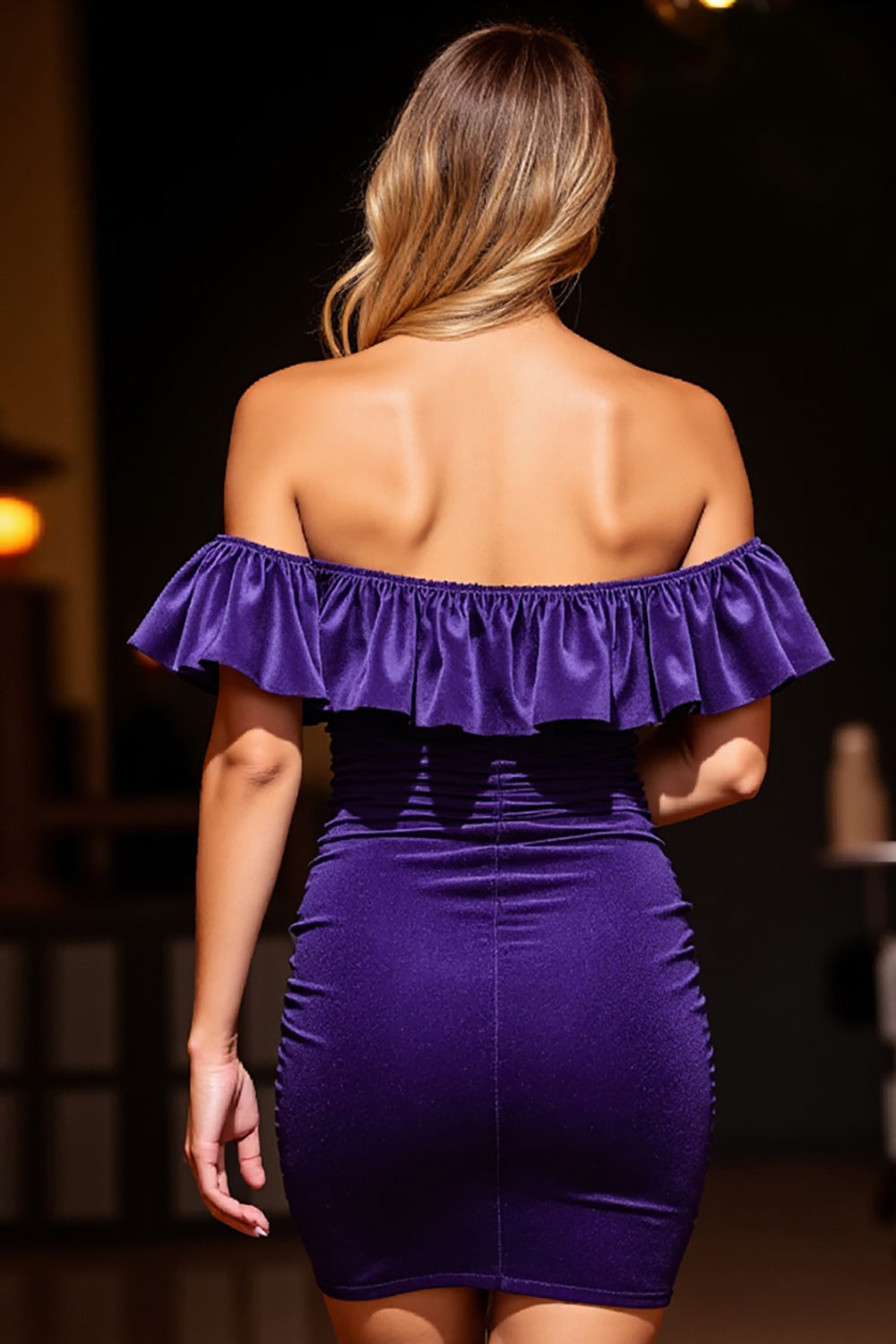 Dark Purple Tight Velvet Off the Shoulder Short Homecoming Dress with Ruffles