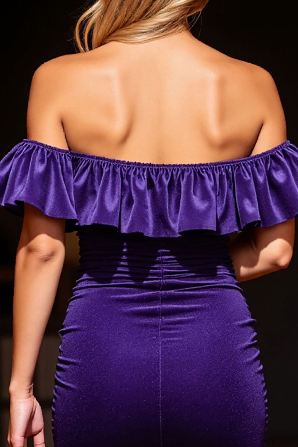 Dark Purple Tight Velvet Off the Shoulder Short Homecoming Dress with Ruffles