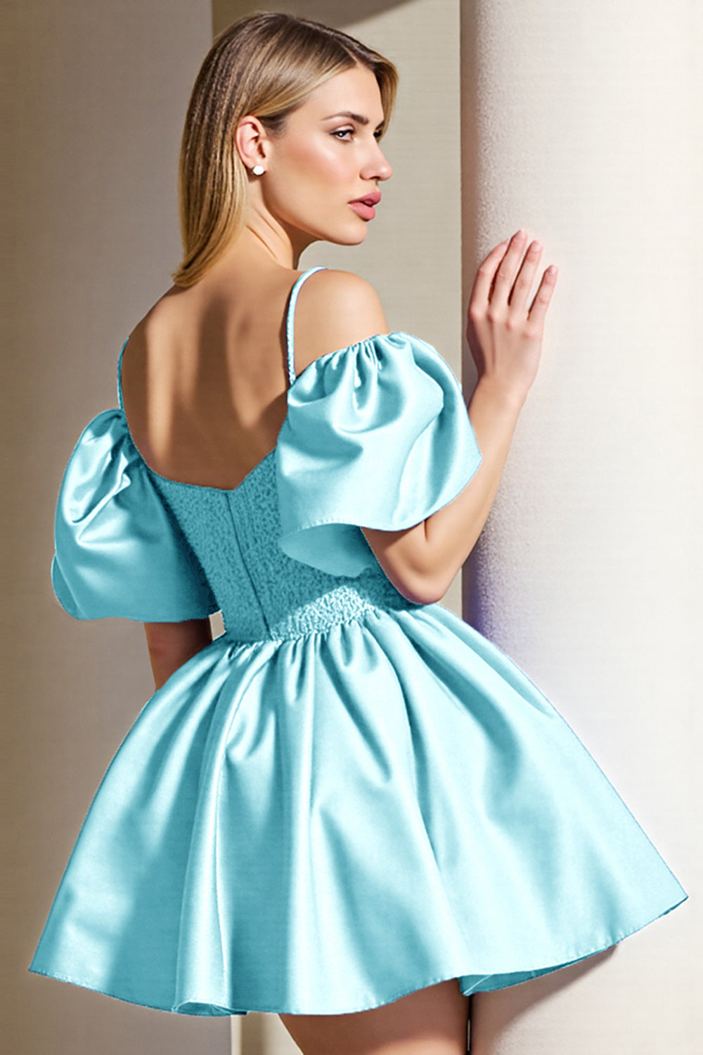 Light Blue Corset Cold Shoulder Short A Line Homecoming Dress ﻿