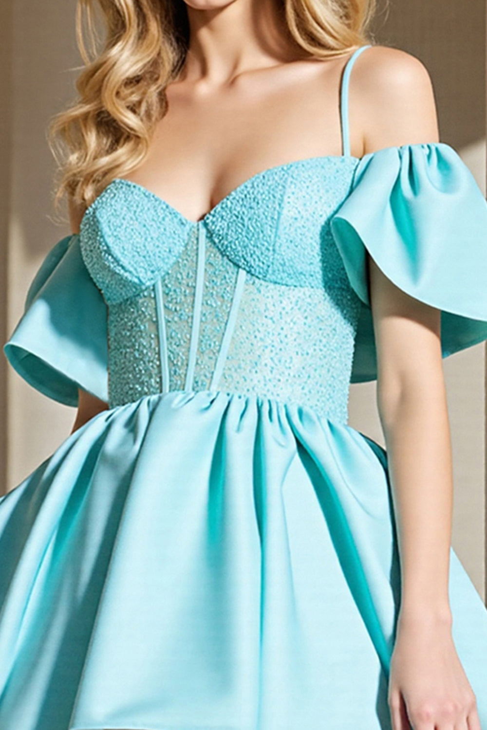 Light Blue Corset Cold Shoulder Short A Line Homecoming Dress ﻿