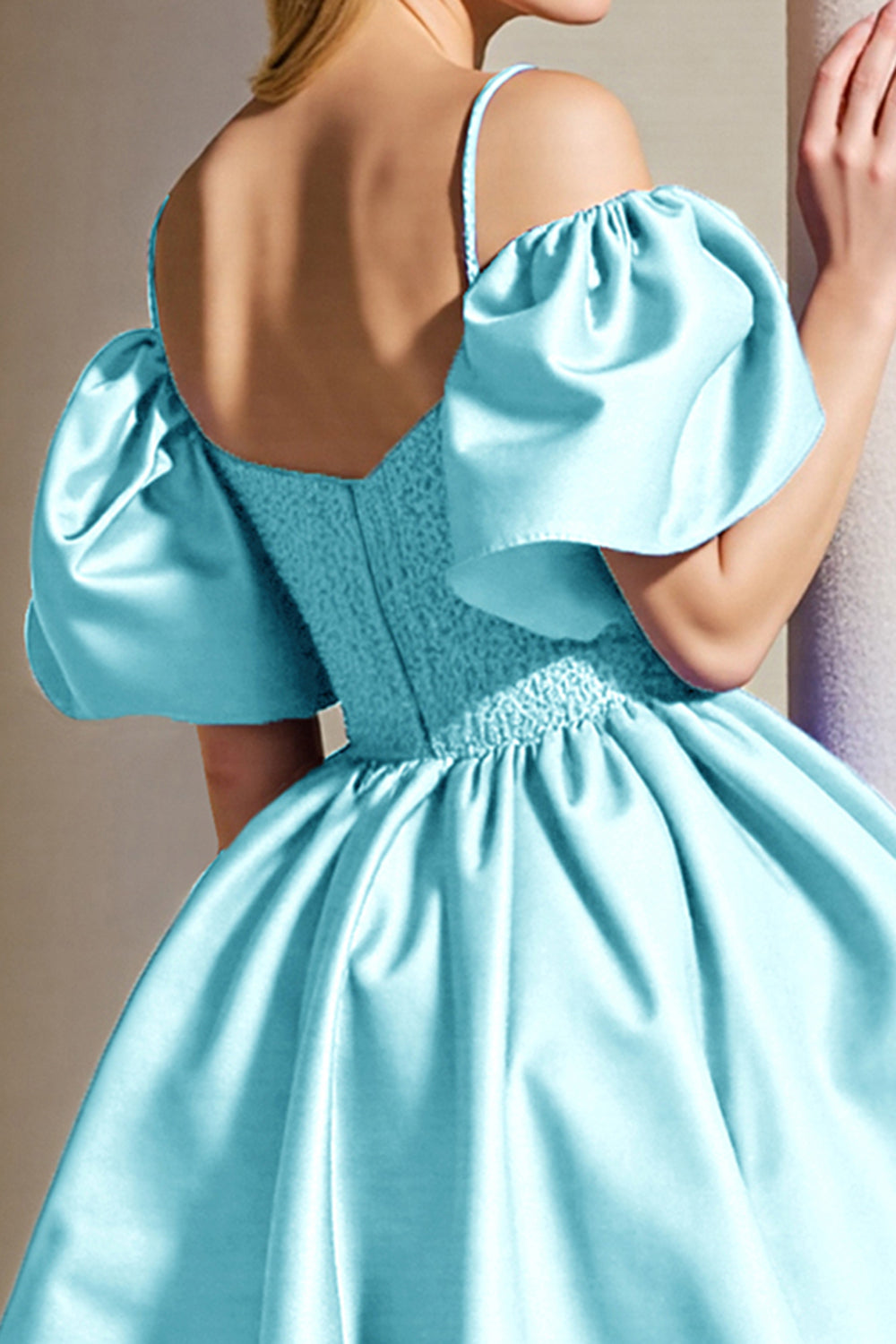 Light Blue Corset Cold Shoulder Short A Line Homecoming Dress ﻿