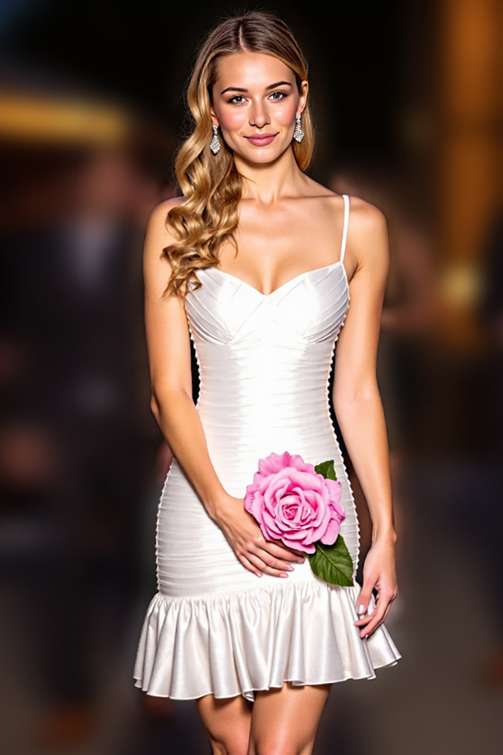 White Tight Spaghetti Straps Ruffled Short Homecoming Dress