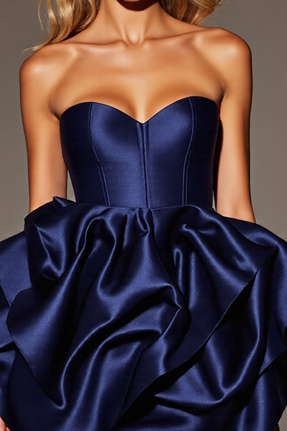 Navy Satin A Line Corset Short Homecoming Dress with Ruffles
