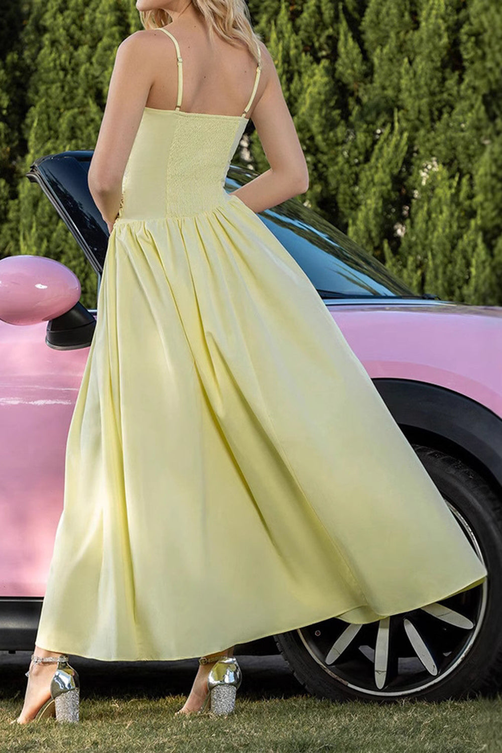 Yellow A Line Ruched Asymmetrical Prom Dress with Lace