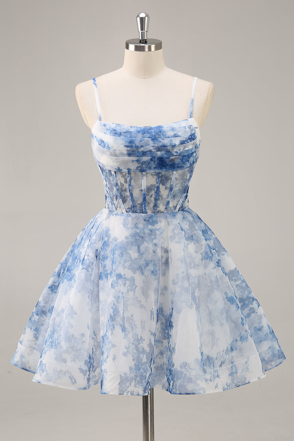 White and Blue Corset Floral Ruched Short Homecoming Dress