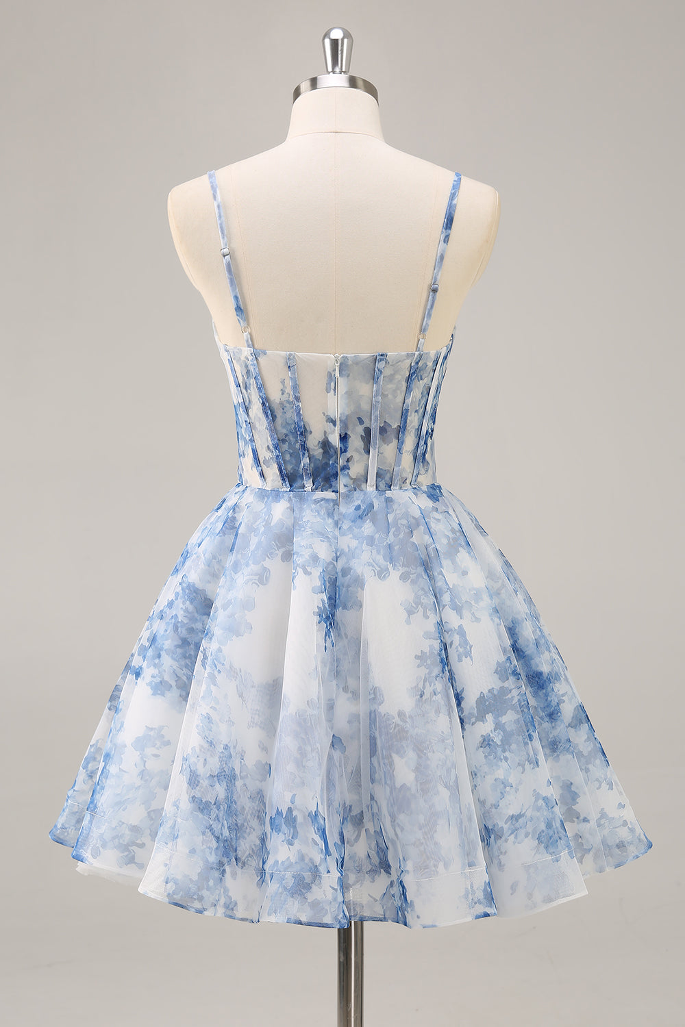 White and Blue Corset Floral Ruched Short Homecoming Dress