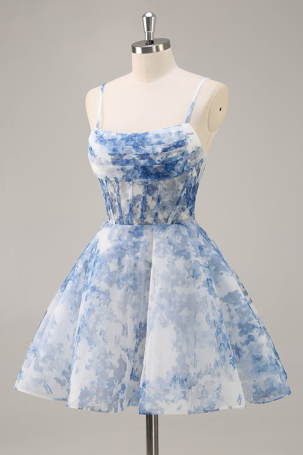 White and Blue Corset Floral Ruched Short Homecoming Dress