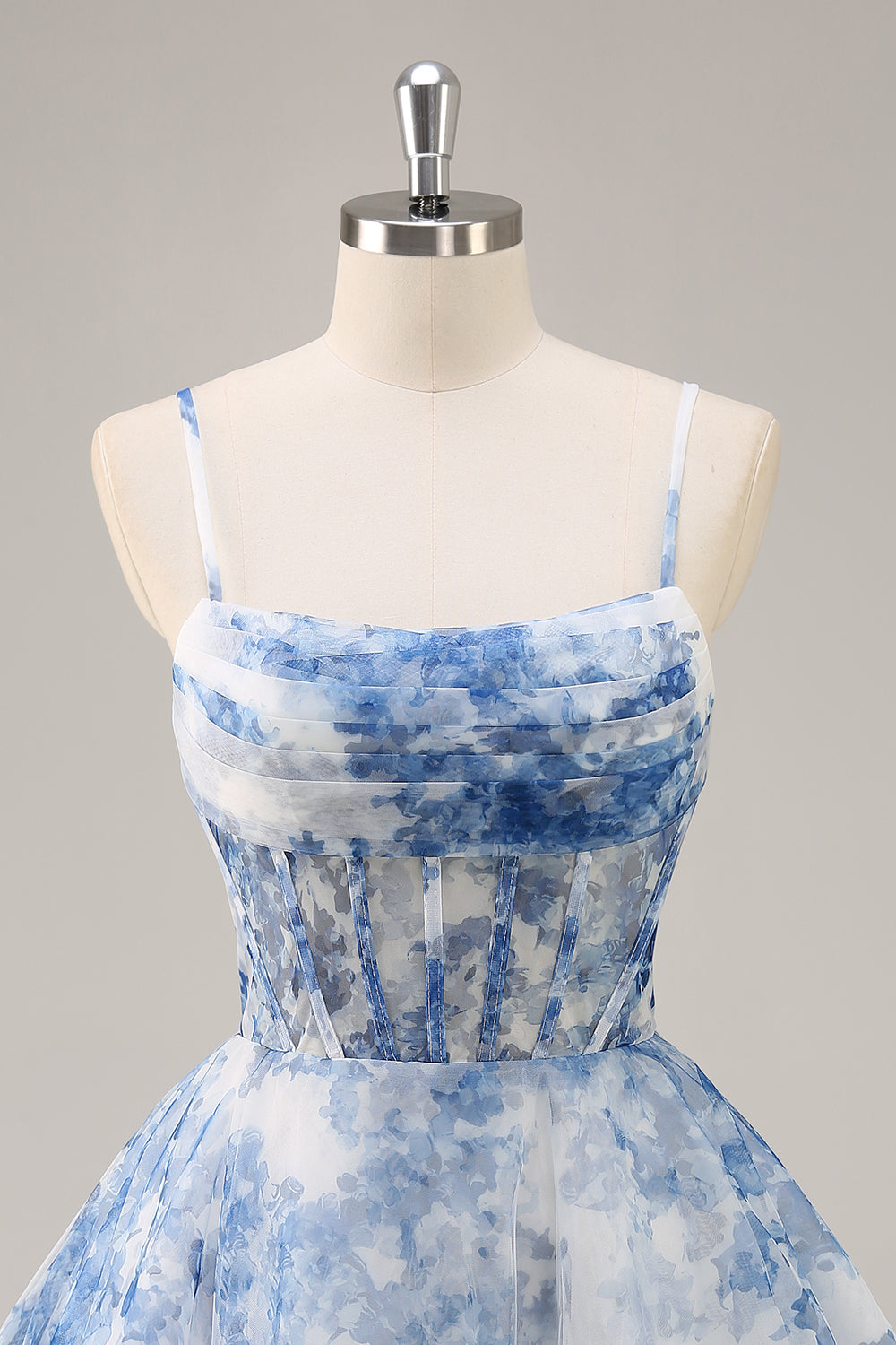 White and Blue Corset Floral Ruched Short Homecoming Dress