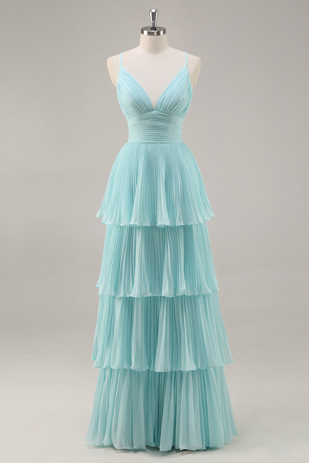Green Chiffon A Line V-Neck Tiered Long Pleated Prom Dress ﻿