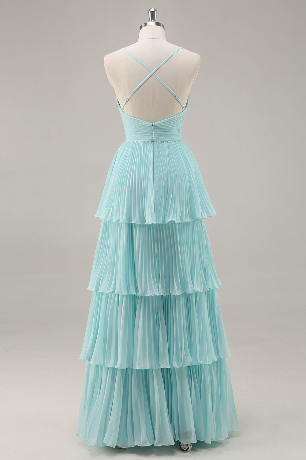 Green Chiffon A Line V-Neck Tiered Long Pleated Prom Dress ﻿