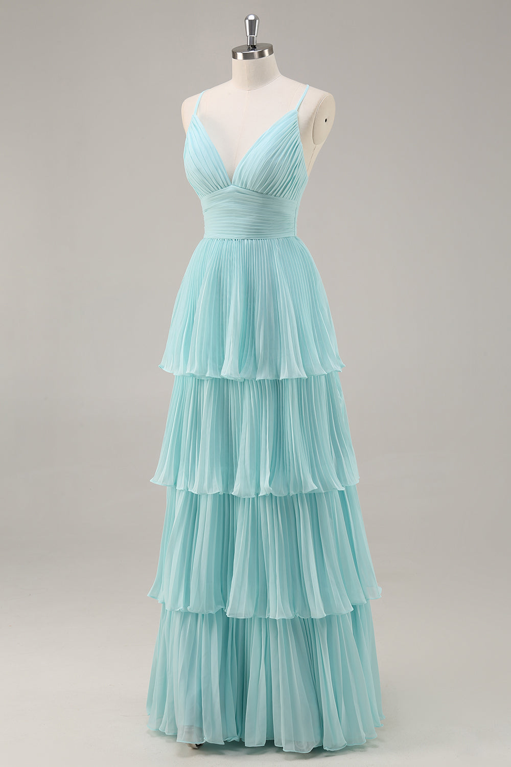 Green Chiffon A Line V-Neck Tiered Long Pleated Prom Dress ﻿