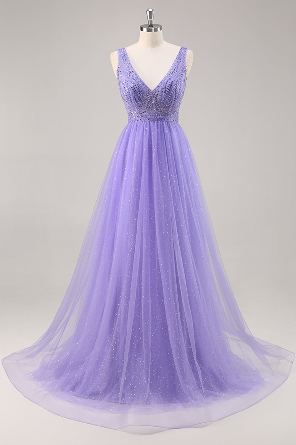 Sparkly Purple Beaded V-Neck A Line Long Prom Dress