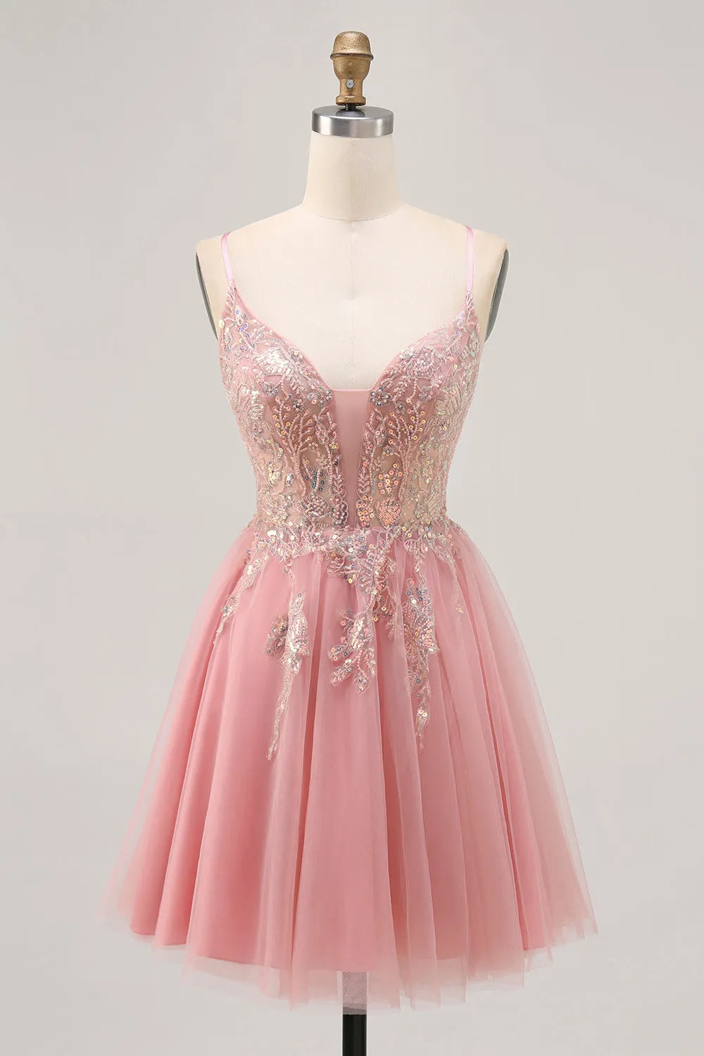 Sparkly Blush Beaded Tulle A Line Short Homecoming Dress