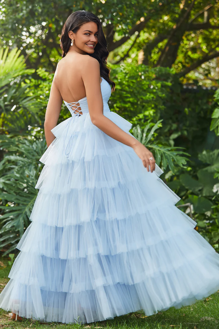 DingJiDress Formal Women's Dresses A-Line Strapless Tulle Backless Lace Up Floor-Length Pleated Prom Dresses