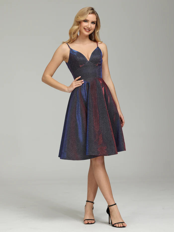 Glitter Spaghetti Straps V-neck Knee Length Homecoming Dress