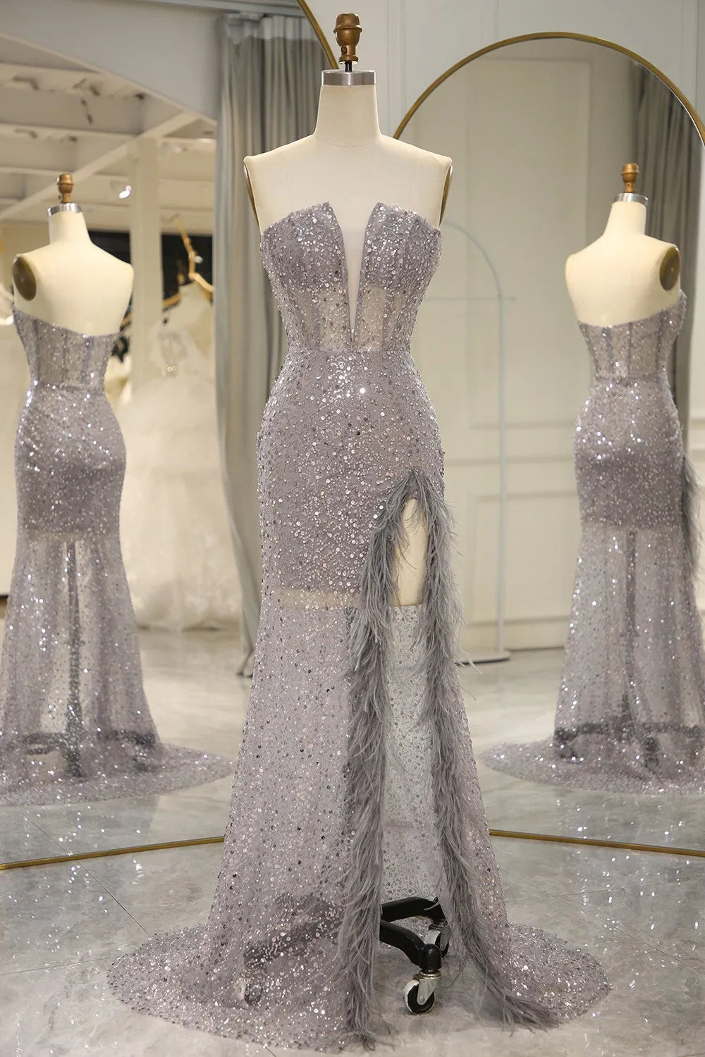 Grey long slit strapless feather mermaid party dress