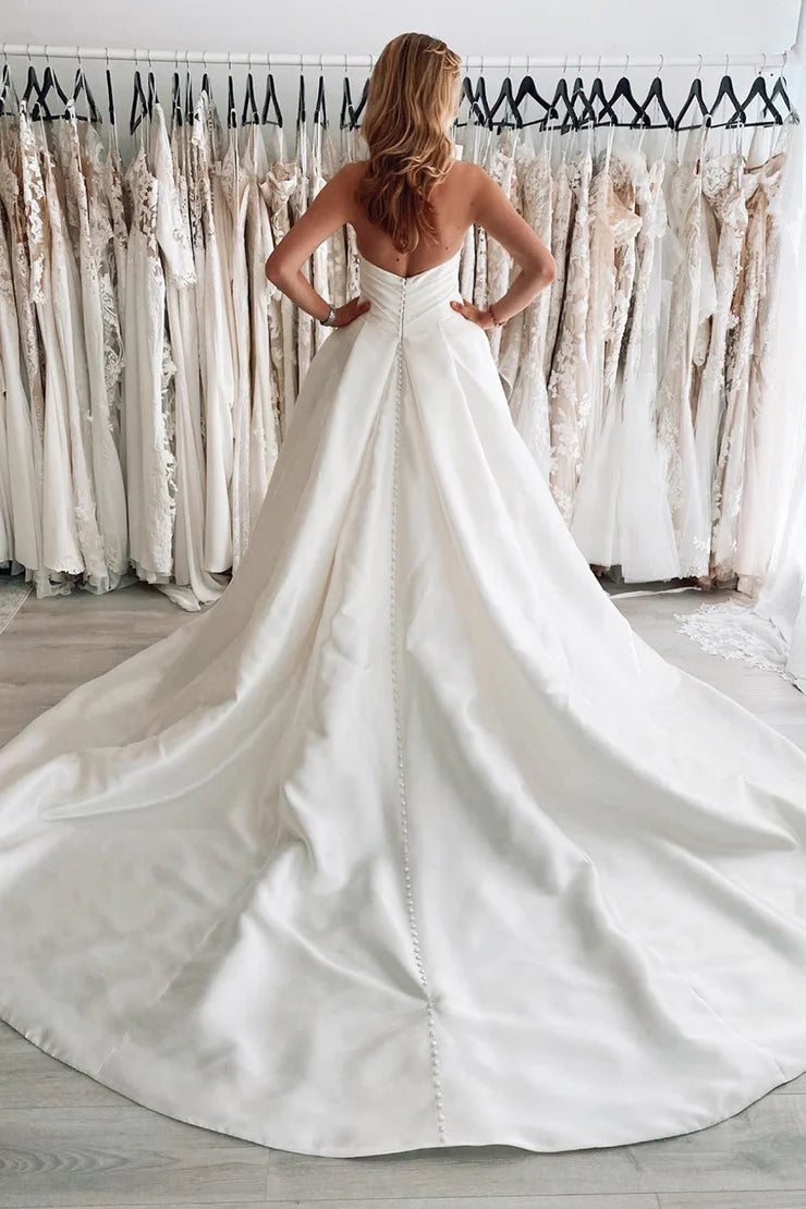 Fashion Ball Gown White Satin Long Wedding Dress with Slit