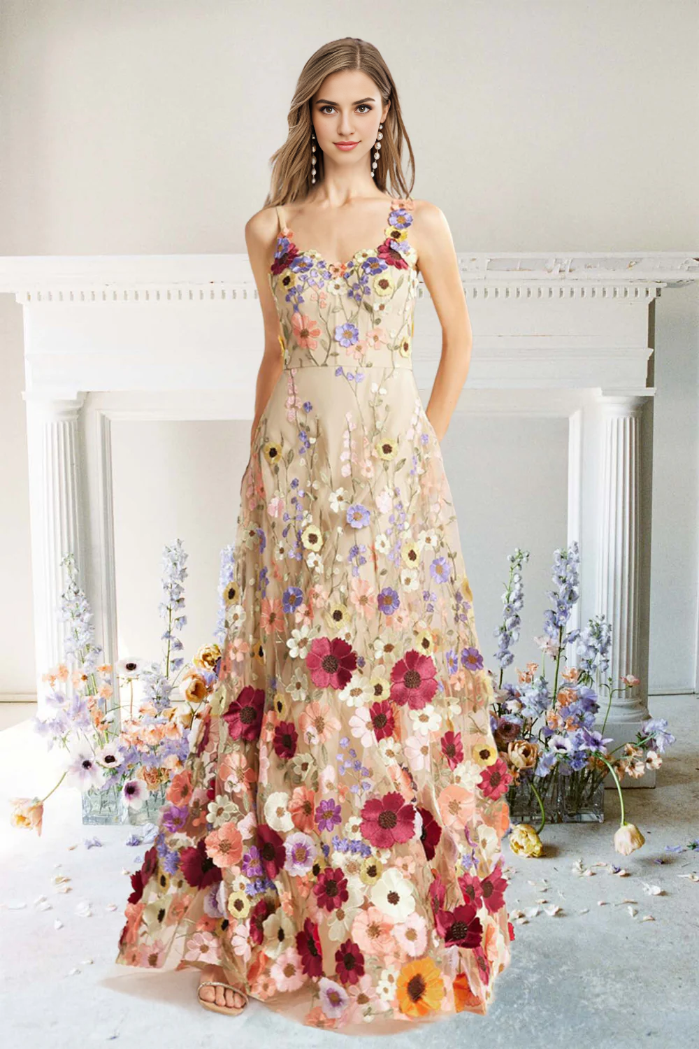 DingJiDress High Quality Dress Evening Dress Exquisite A-Line Flower Straps Floral Fantastic Long Prom Dress