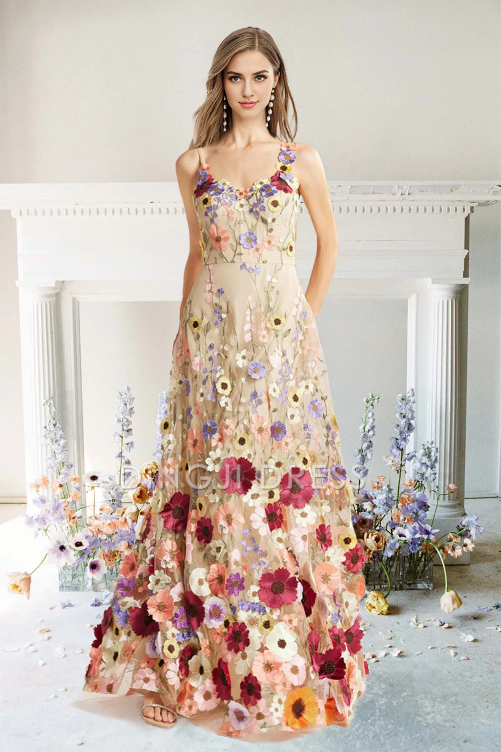 DingJiDress High Quality Dress Evening Dress Exquisite A-Line Flower Straps Floral Fantastic Long Prom Dress